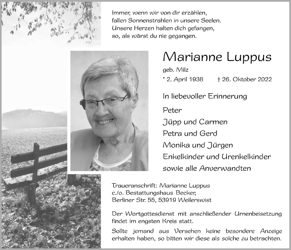  Traueranzeige für Marianne Luppus vom 29.10.2022 aus  Blickpunkt Euskirchen 