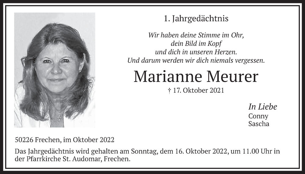  Traueranzeige für Marianne Meurer vom 14.10.2022 aus  Wochenende 
