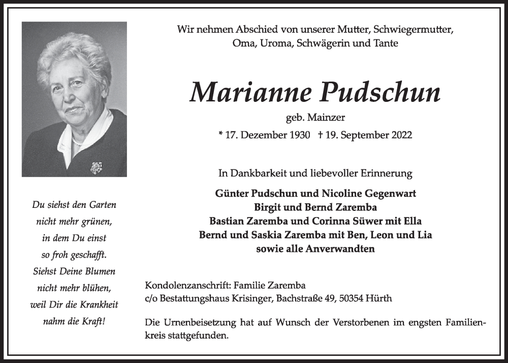 Traueranzeige für Marianne Pudschun vom 14.10.2022 aus  Wochenende 