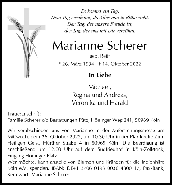 Anzeige von Marianne Scherer von Kölner Stadt-Anzeiger / Kölnische Rundschau / Express