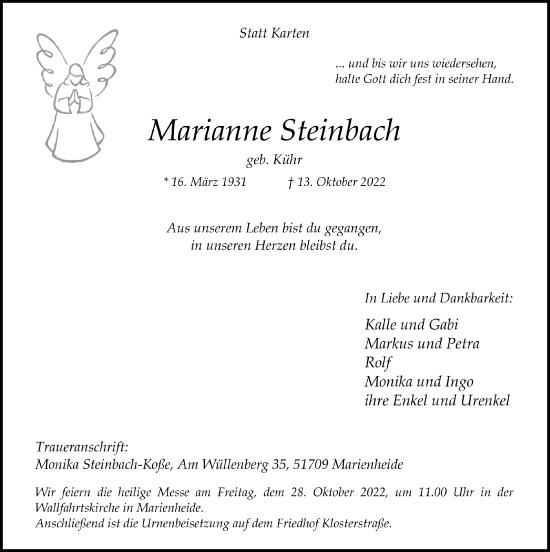 Anzeige von Marianne Steinbach von  Anzeigen Echo 