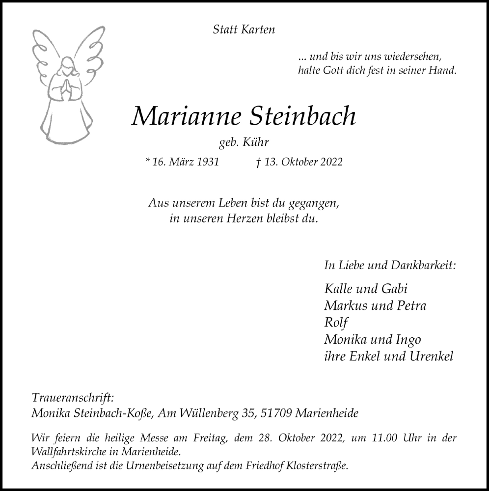  Traueranzeige für Marianne Steinbach vom 21.10.2022 aus  Anzeigen Echo 