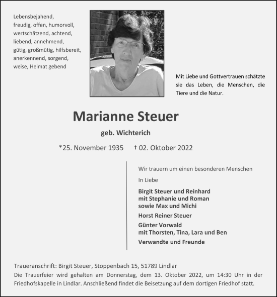 Anzeige von Marianne Steuer von  Anzeigen Echo 