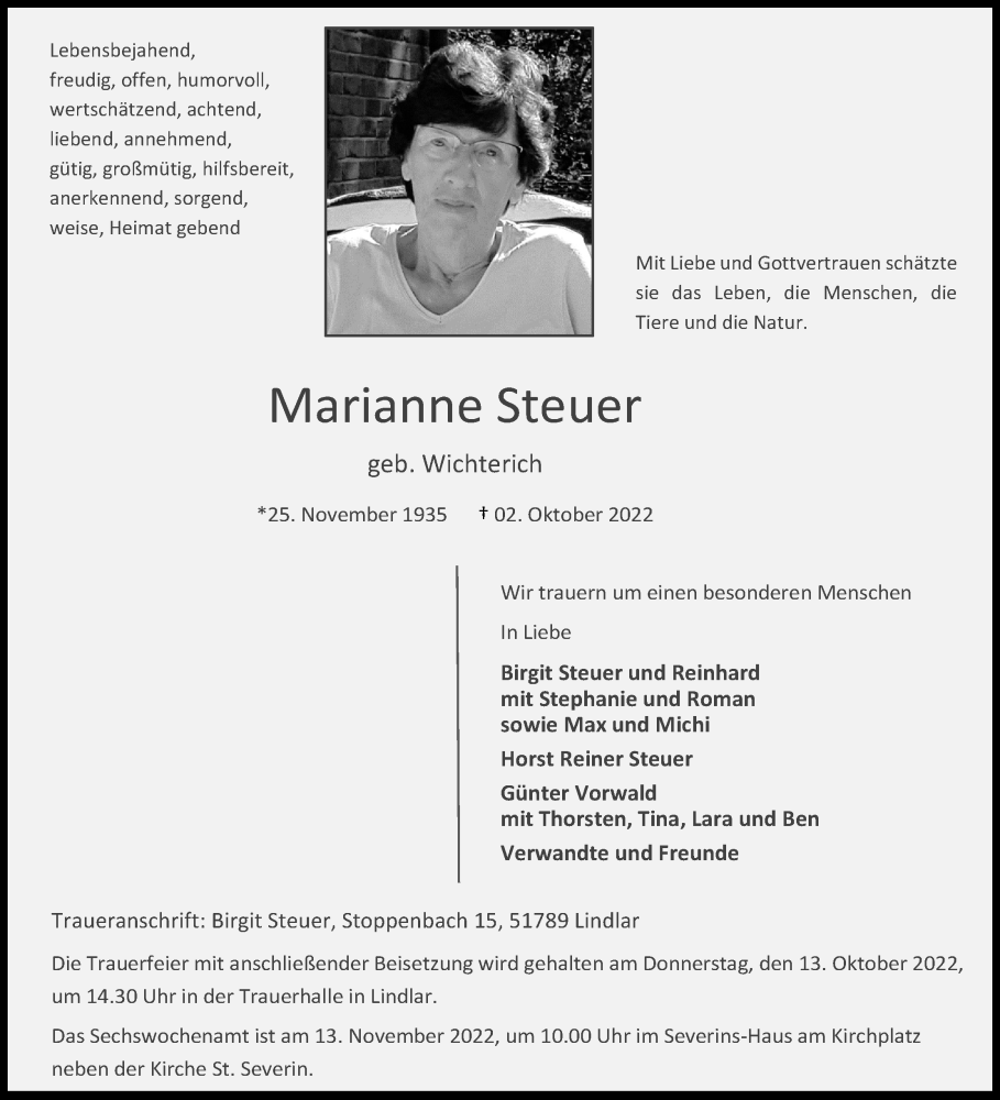  Traueranzeige für Marianne Steuer vom 08.10.2022 aus Kölner Stadt-Anzeiger / Kölnische Rundschau / Express