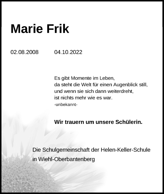 Anzeige von Marie Frik von Kölner Stadt-Anzeiger / Kölnische Rundschau / Express