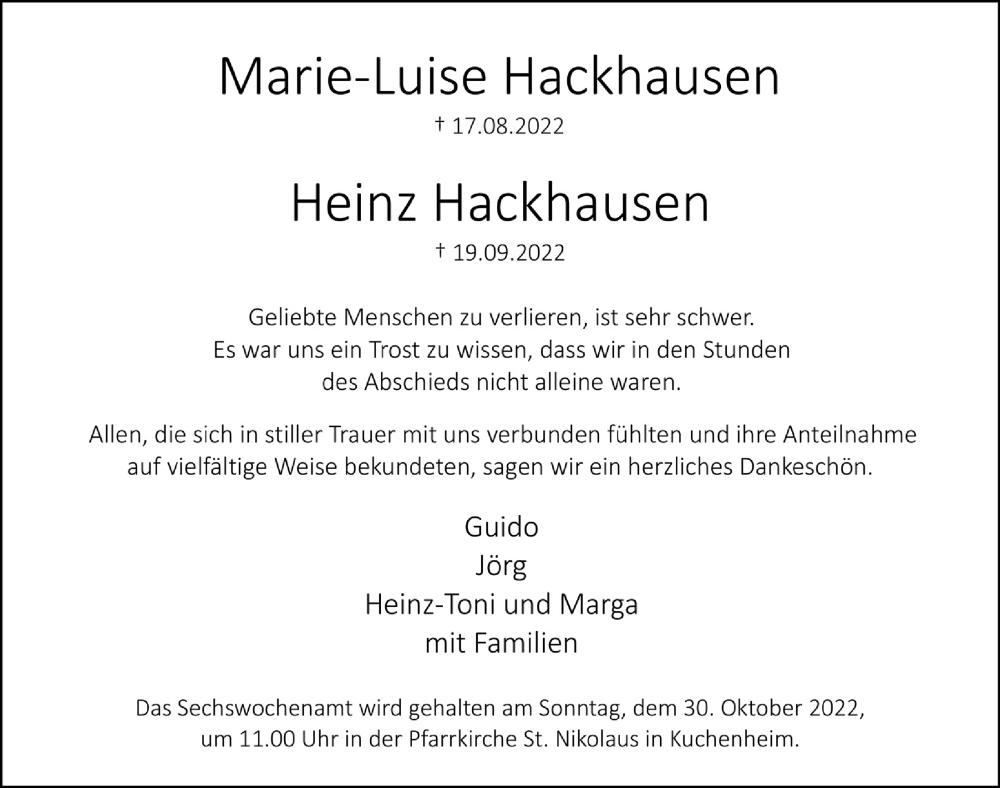  Traueranzeige für Marie-Luise Hackhausen vom 29.10.2022 aus  Blickpunkt Euskirchen 
