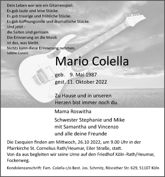 Anzeige von Mario Colella von Kölner Stadt-Anzeiger / Kölnische Rundschau / Express