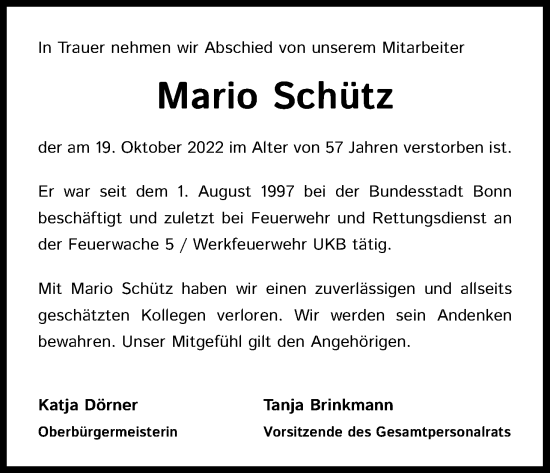 Anzeige von Mario Schütz von Kölner Stadt-Anzeiger / Kölnische Rundschau / Express