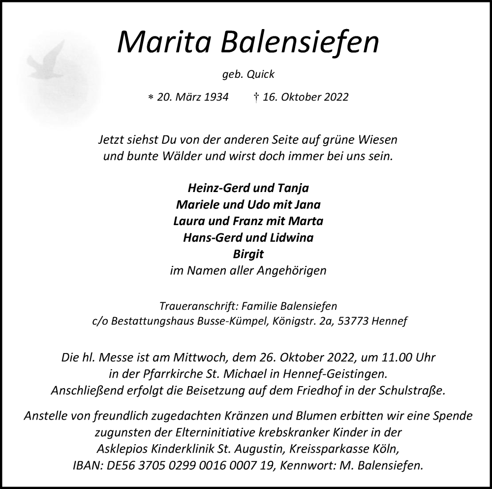  Traueranzeige für Marita Balensiefen vom 22.10.2022 aus Kölner Stadt-Anzeiger / Kölnische Rundschau / Express