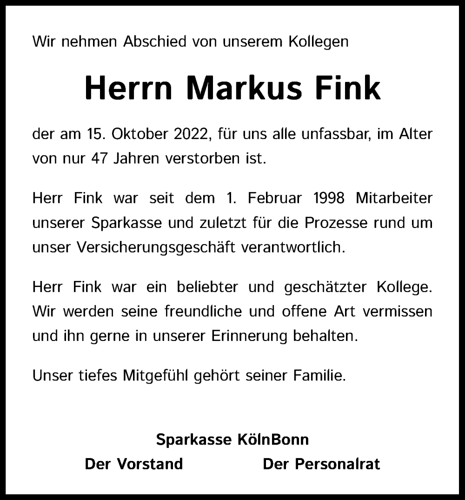  Traueranzeige für Markus Fink vom 26.10.2022 aus Kölner Stadt-Anzeiger / Kölnische Rundschau / Express