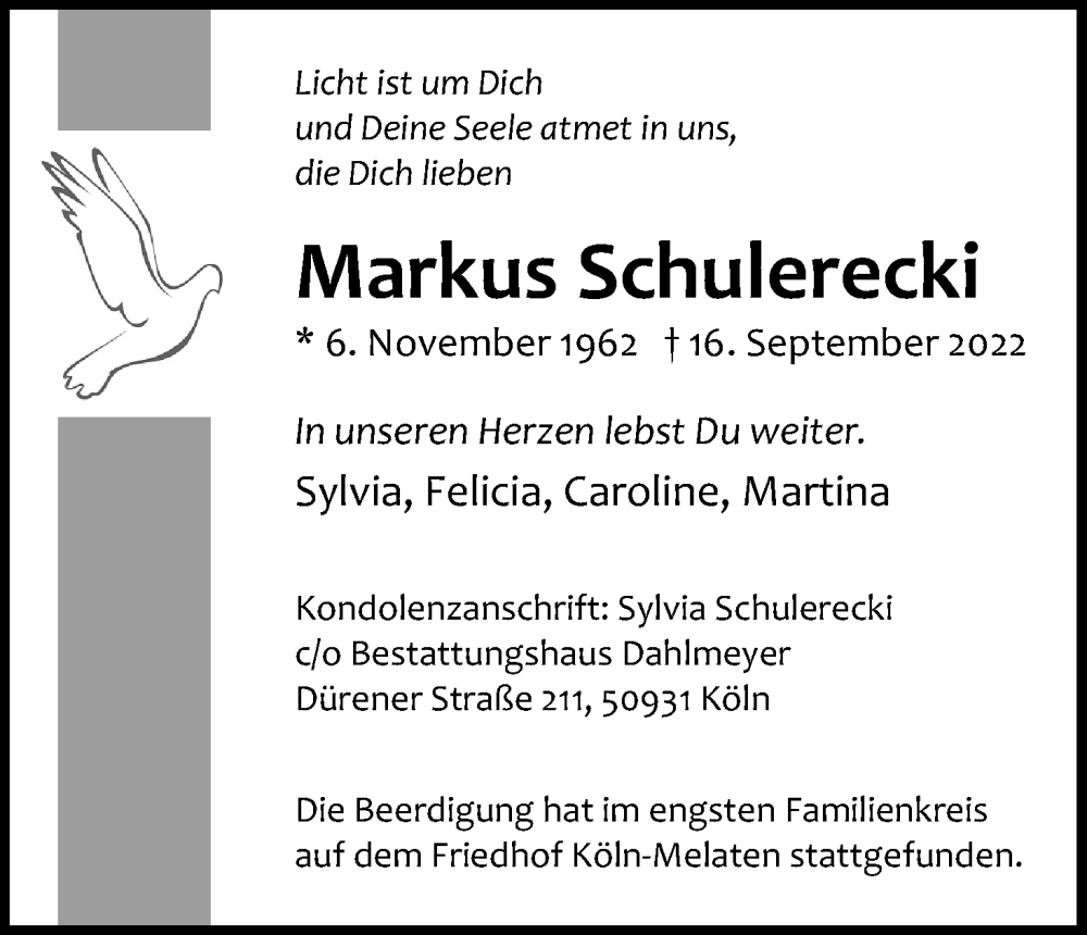  Traueranzeige für Markus Schulerecki vom 08.10.2022 aus Kölner Stadt-Anzeiger / Kölnische Rundschau / Express