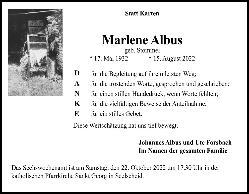  Traueranzeige für Marlene Albus vom 08.10.2022 aus Kölner Stadt-Anzeiger / Kölnische Rundschau / Express