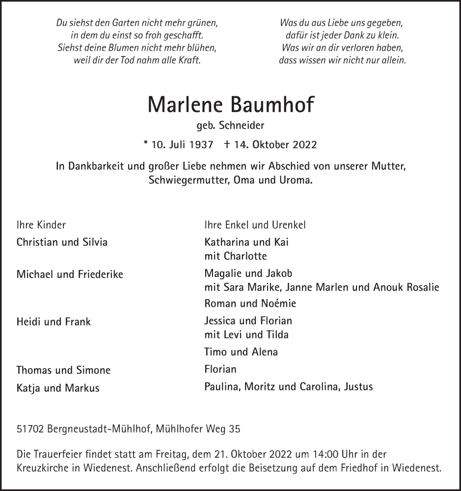  Traueranzeige für Marlene Baumhof vom 19.10.2022 aus Kölner Stadt-Anzeiger / Kölnische Rundschau / Express