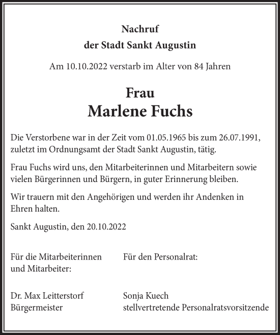 Anzeige von Marlene Fuchs von  Extra Blatt 