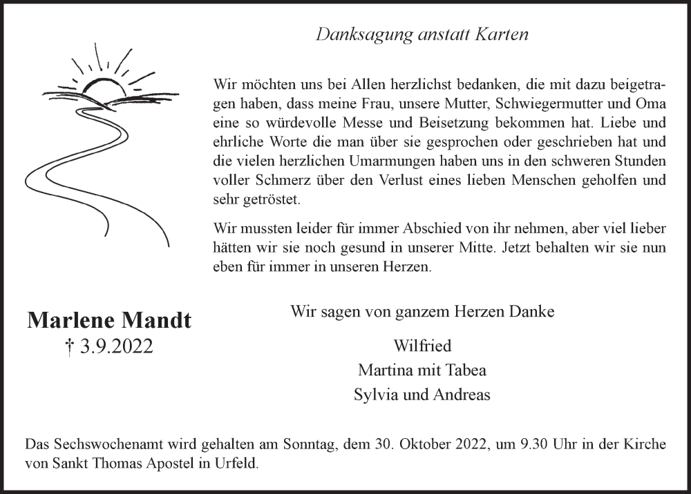  Traueranzeige für Marlene Mandt vom 14.10.2022 aus  Schlossbote/Werbekurier 