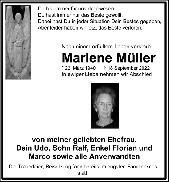 Anzeige von Marlene Müller von Kölner Stadt-Anzeiger / Kölnische Rundschau / Express