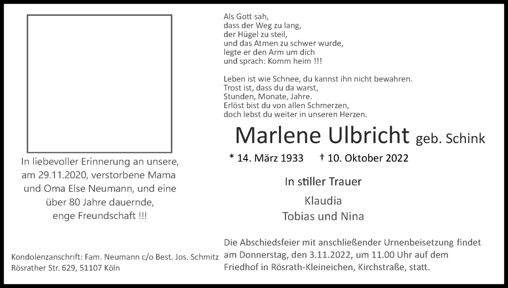  Traueranzeige für Marlene Ulbricht vom 29.10.2022 aus Kölner Stadt-Anzeiger / Kölnische Rundschau / Express