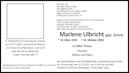 Anzeige von Marlene Ulbricht von Kölner Stadt-Anzeiger / Kölnische Rundschau / Express