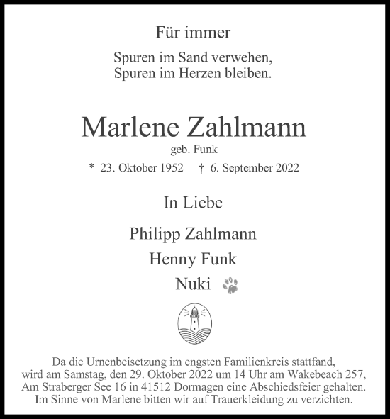 Anzeige von Marlene Zahlmann von Kölner Stadt-Anzeiger / Kölnische Rundschau / Express