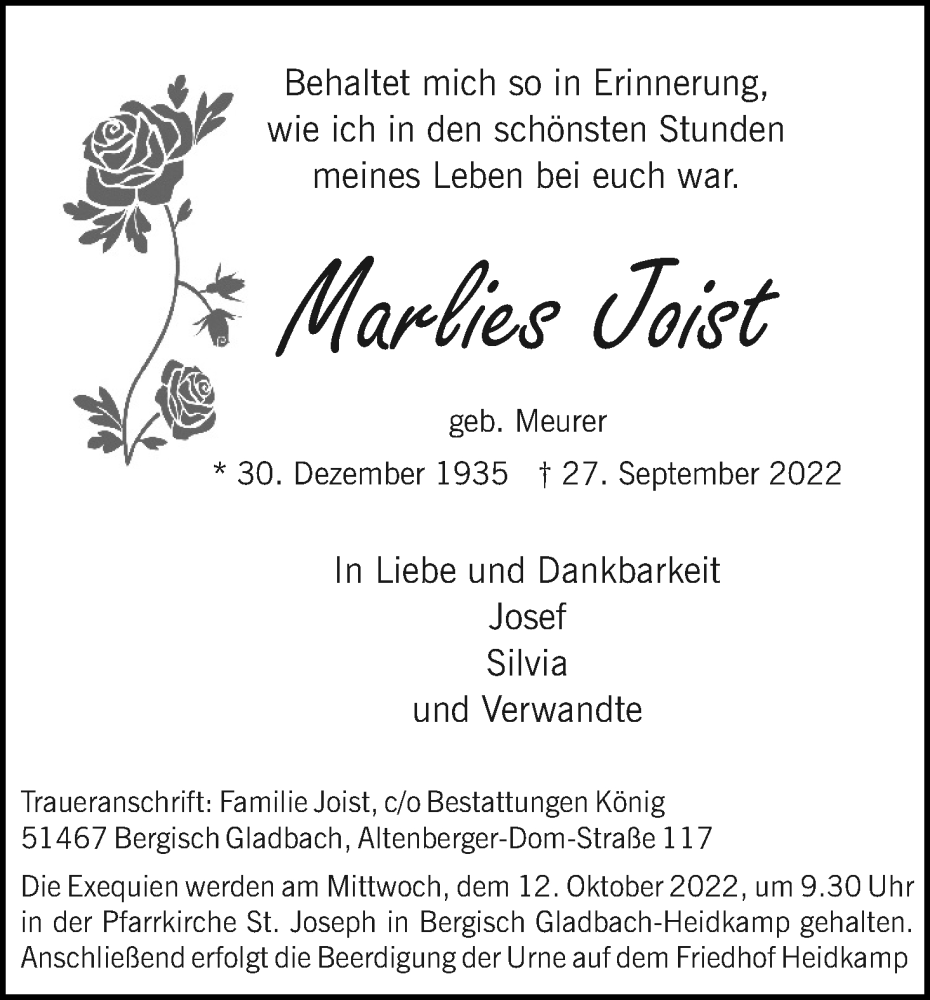  Traueranzeige für Marlies Joist vom 01.10.2022 aus Kölner Stadt-Anzeiger / Kölnische Rundschau / Express