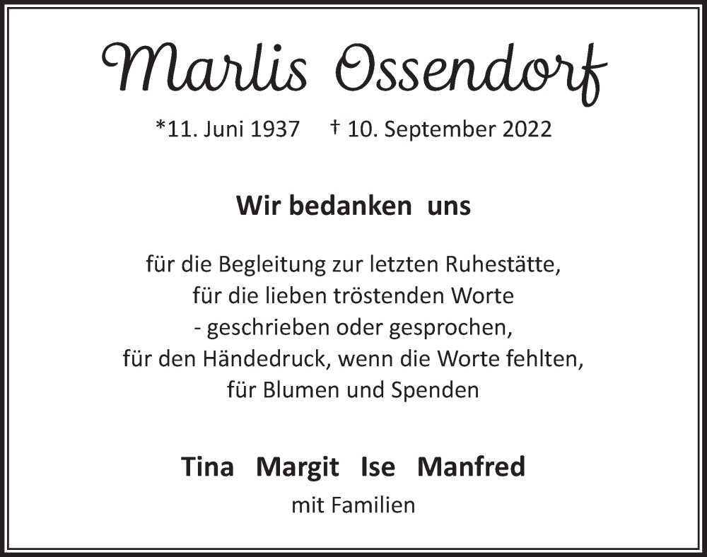  Traueranzeige für Marlis Ossendorf vom 14.10.2022 aus  Bergisches Handelsblatt 