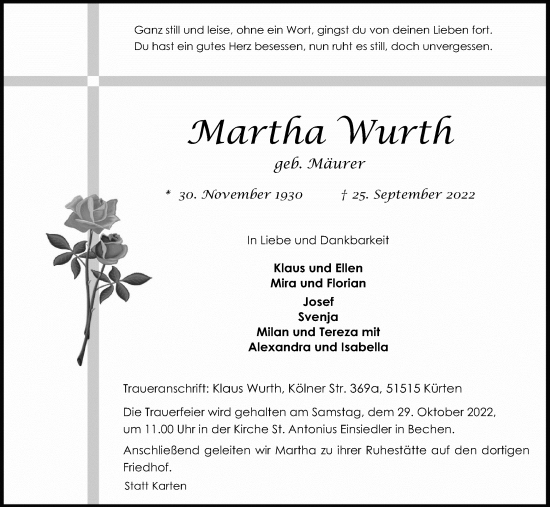Anzeige von Martha Wurth von Kölner Stadt-Anzeiger / Kölnische Rundschau / Express