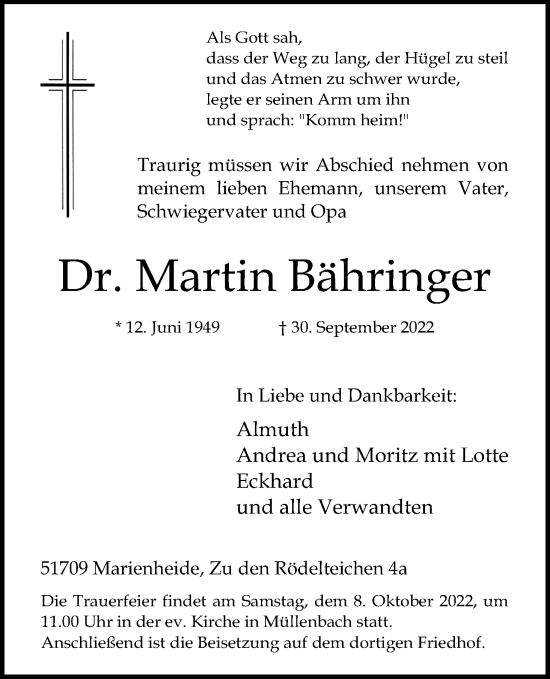 Anzeige von Martin Bähringer von Kölner Stadt-Anzeiger / Kölnische Rundschau / Express