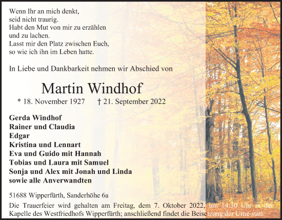 Anzeige von Martin Windhof von Kölner Stadt-Anzeiger / Kölnische Rundschau / Express