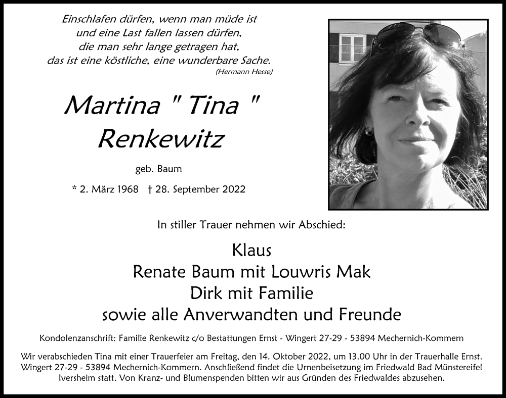  Traueranzeige für Martina Renkewitz vom 08.10.2022 aus  Blickpunkt Euskirchen 