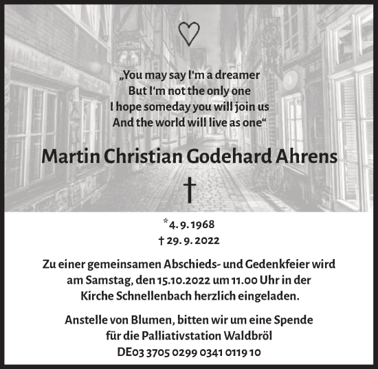 Anzeige von Martin Christian Godehard Ahrens von  Anzeigen Echo 