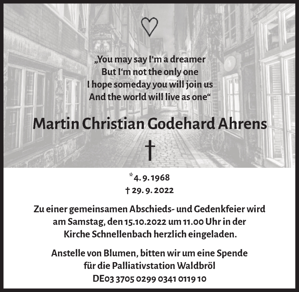  Traueranzeige für Martin Christian Godehard Ahrens vom 07.10.2022 aus  Anzeigen Echo 