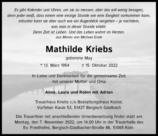 Anzeige von Mathilde Kriebs von Kölner Stadt-Anzeiger / Kölnische Rundschau / Express