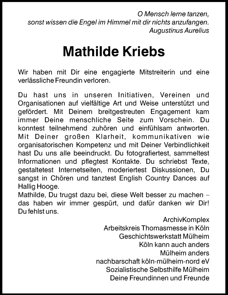  Traueranzeige für Mathilde Kriebs vom 29.10.2022 aus Kölner Stadt-Anzeiger / Kölnische Rundschau / Express