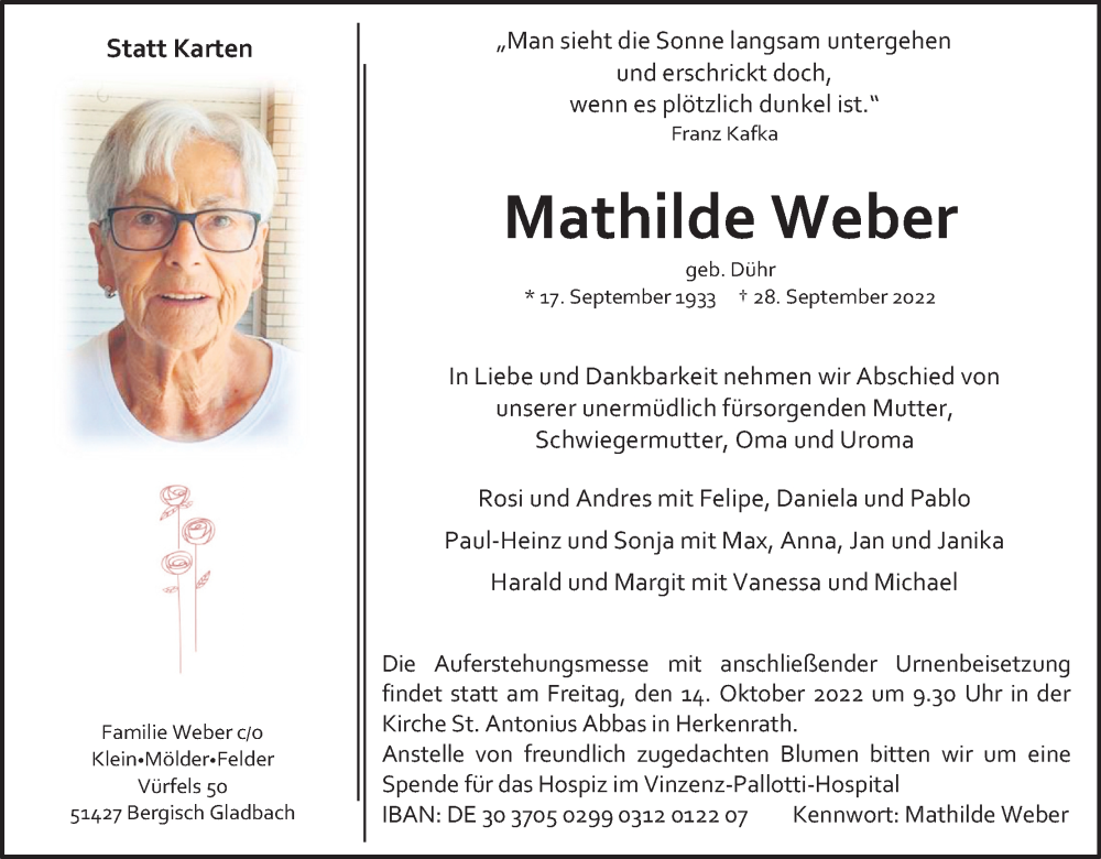  Traueranzeige für Mathilde Weber vom 08.10.2022 aus Kölner Stadt-Anzeiger / Kölnische Rundschau / Express