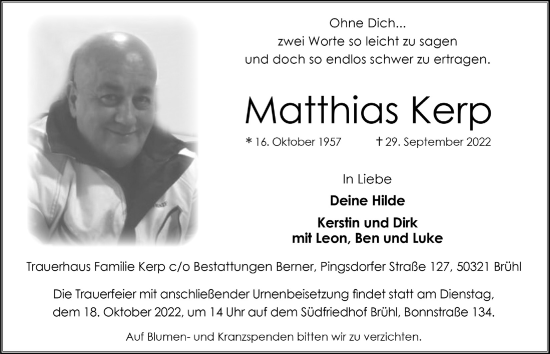 Anzeige von Matthias Kerp von  Schlossbote/Werbekurier 