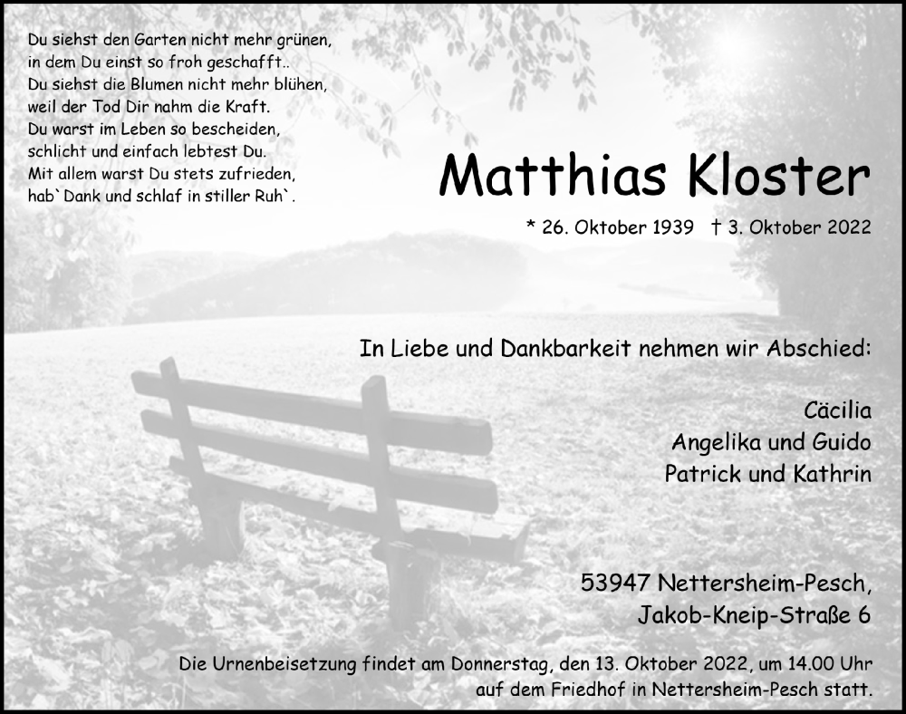  Traueranzeige für Matthias Kloster vom 08.10.2022 aus  Blickpunkt Euskirchen 