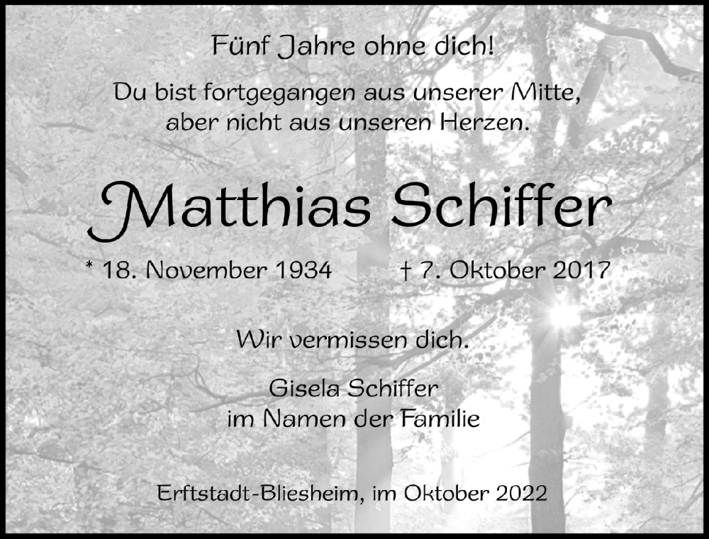  Traueranzeige für Matthias Schiffer vom 07.10.2022 aus  Werbepost 
