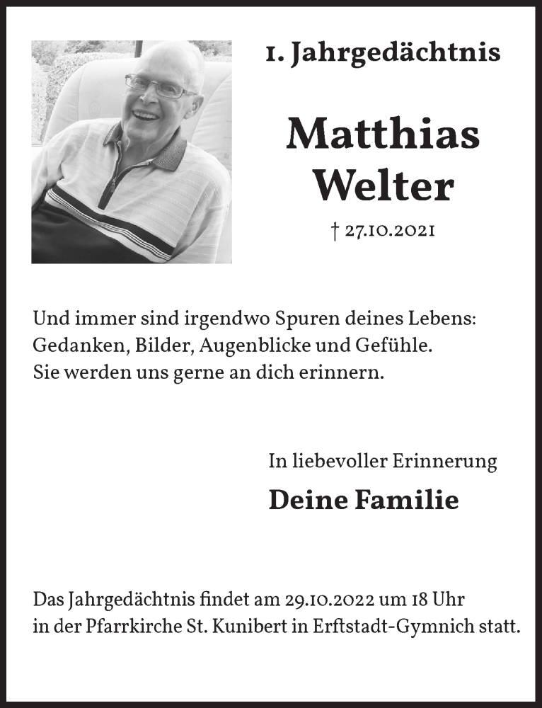  Traueranzeige für Matthias Welter vom 21.10.2022 aus  Werbepost 