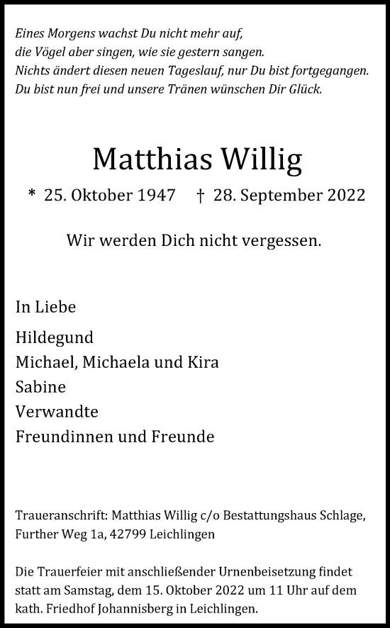 Anzeige von Matthias Willig von Kölner Stadt-Anzeiger / Kölnische Rundschau / Express