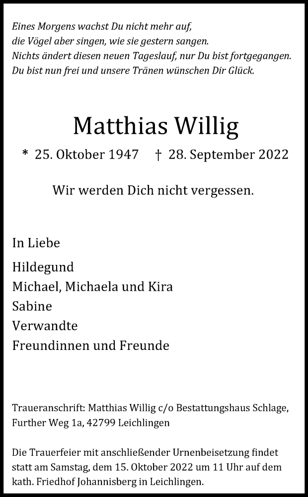 Traueranzeige für Matthias Willig vom 08.10.2022 aus Kölner Stadt-Anzeiger / Kölnische Rundschau / Express