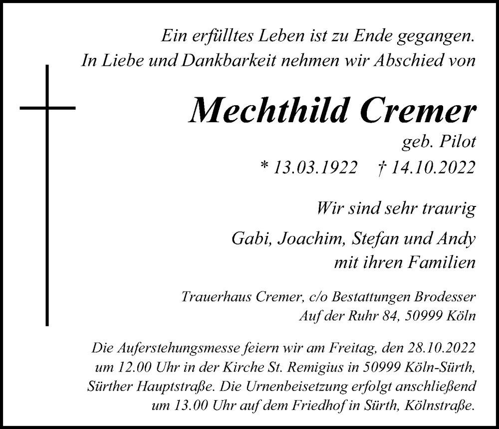  Traueranzeige für Mechthild Cremer vom 22.10.2022 aus Kölner Stadt-Anzeiger / Kölnische Rundschau / Express