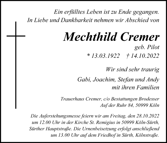 Anzeige von Mechthild Cremer von Kölner Stadt-Anzeiger / Kölnische Rundschau / Express