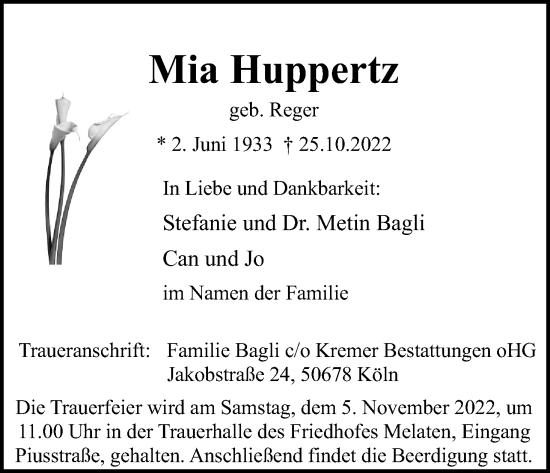 Anzeige von Mia Huppertz von Kölner Stadt-Anzeiger / Kölnische Rundschau / Express