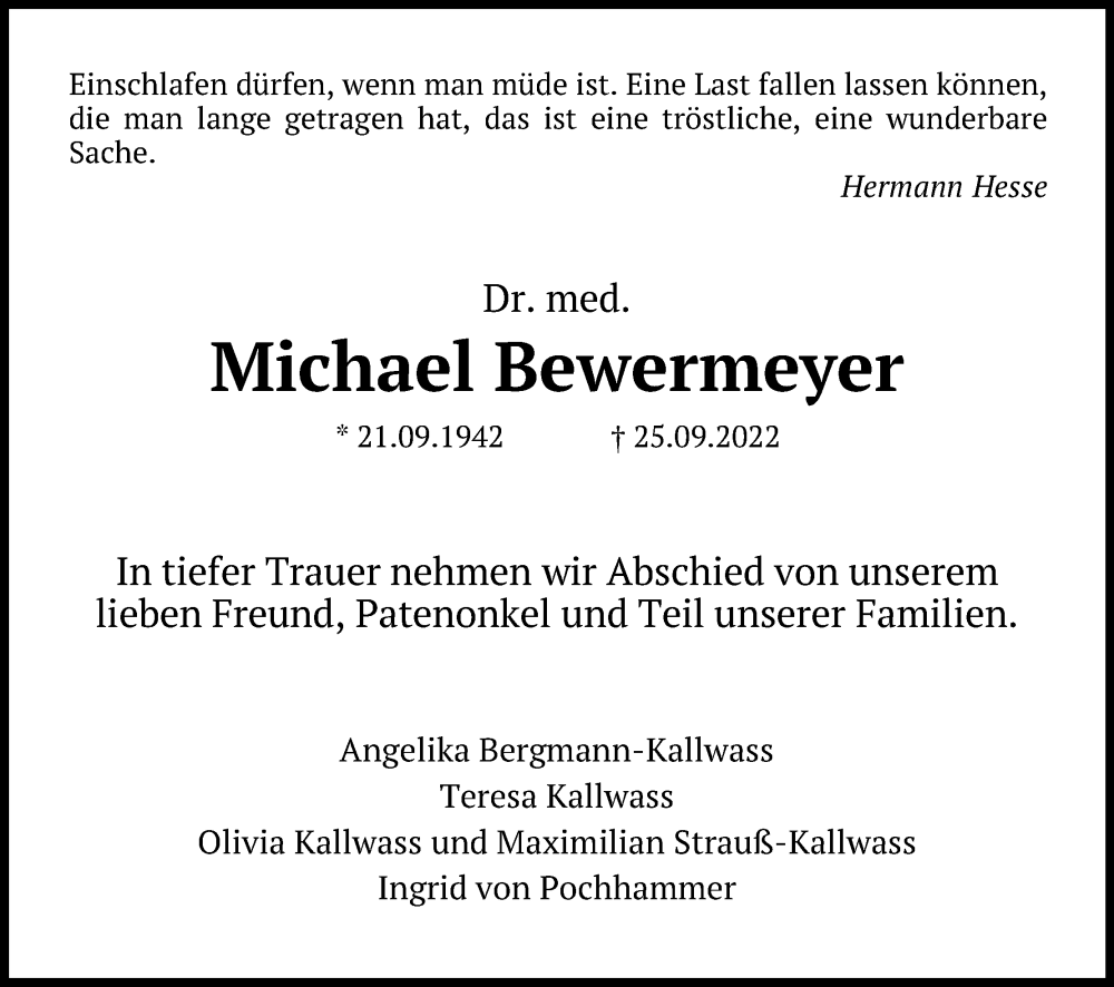  Traueranzeige für Michael Bewermeyer vom 08.10.2022 aus Kölner Stadt-Anzeiger / Kölnische Rundschau / Express