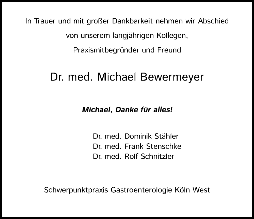  Traueranzeige für Michael Bewermeyer vom 08.10.2022 aus Kölner Stadt-Anzeiger / Kölnische Rundschau / Express