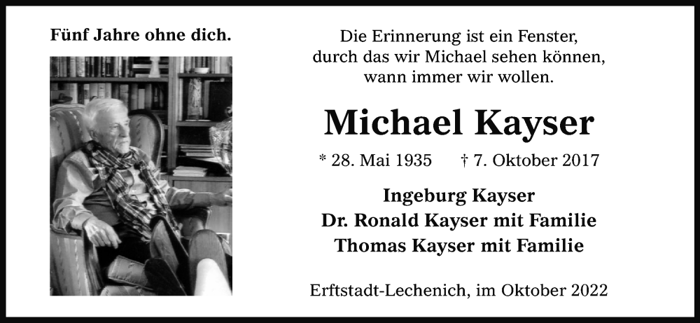  Traueranzeige für Michael Kayser vom 15.10.2022 aus Kölner Stadt-Anzeiger / Kölnische Rundschau / Express