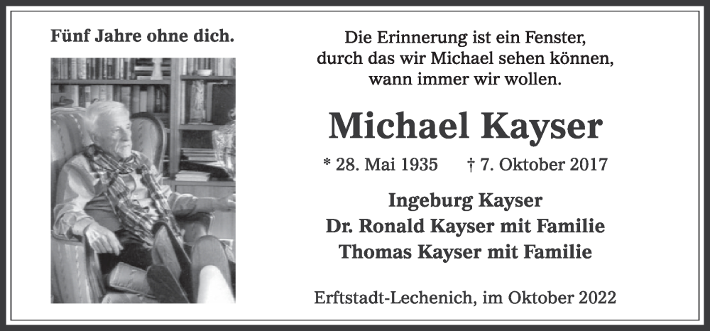  Traueranzeige für Michael Kayser vom 14.10.2022 aus  Werbepost 