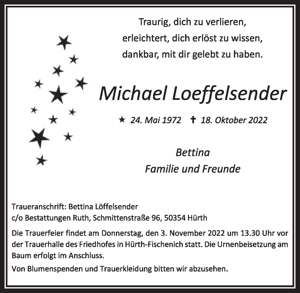  Traueranzeige für Michael Loeffelsender vom 28.10.2022 aus  Wochenende 