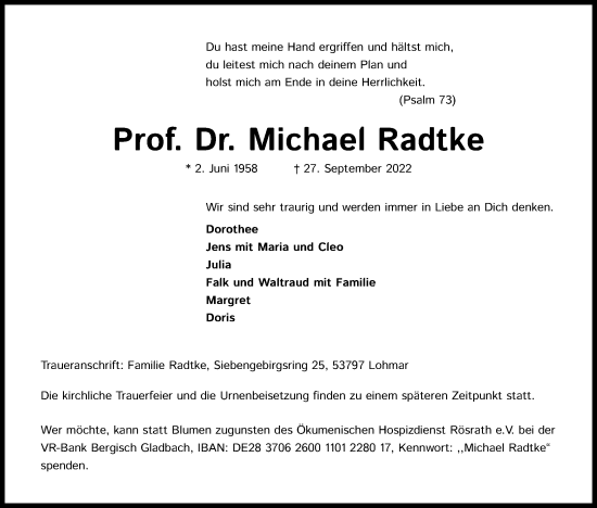 Anzeige von Michael Radtke von Kölner Stadt-Anzeiger / Kölnische Rundschau / Express