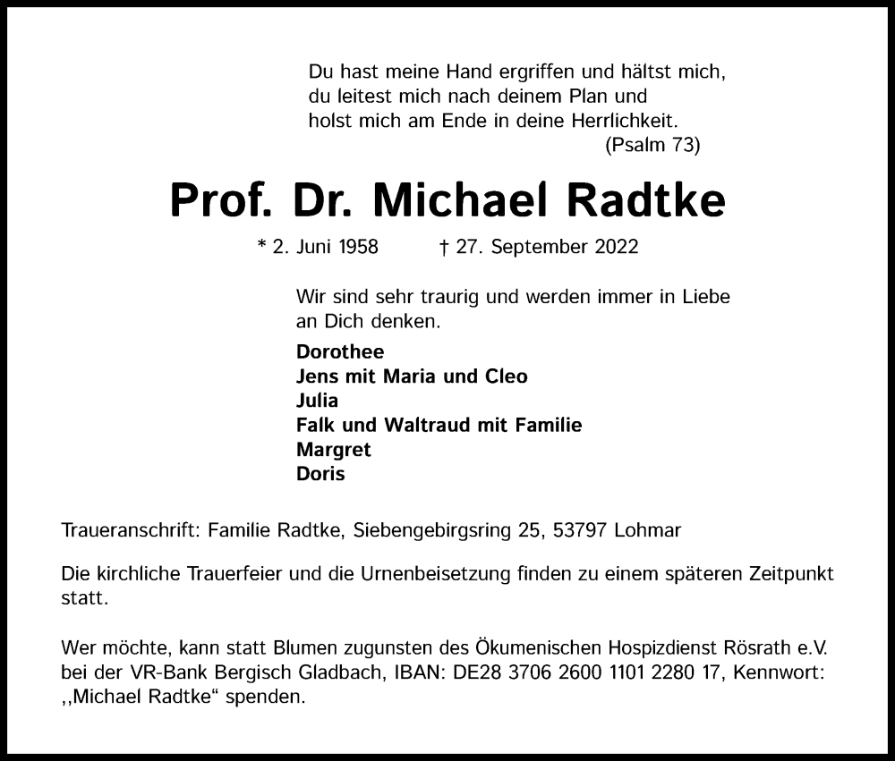  Traueranzeige für Michael Radtke vom 08.10.2022 aus Kölner Stadt-Anzeiger / Kölnische Rundschau / Express